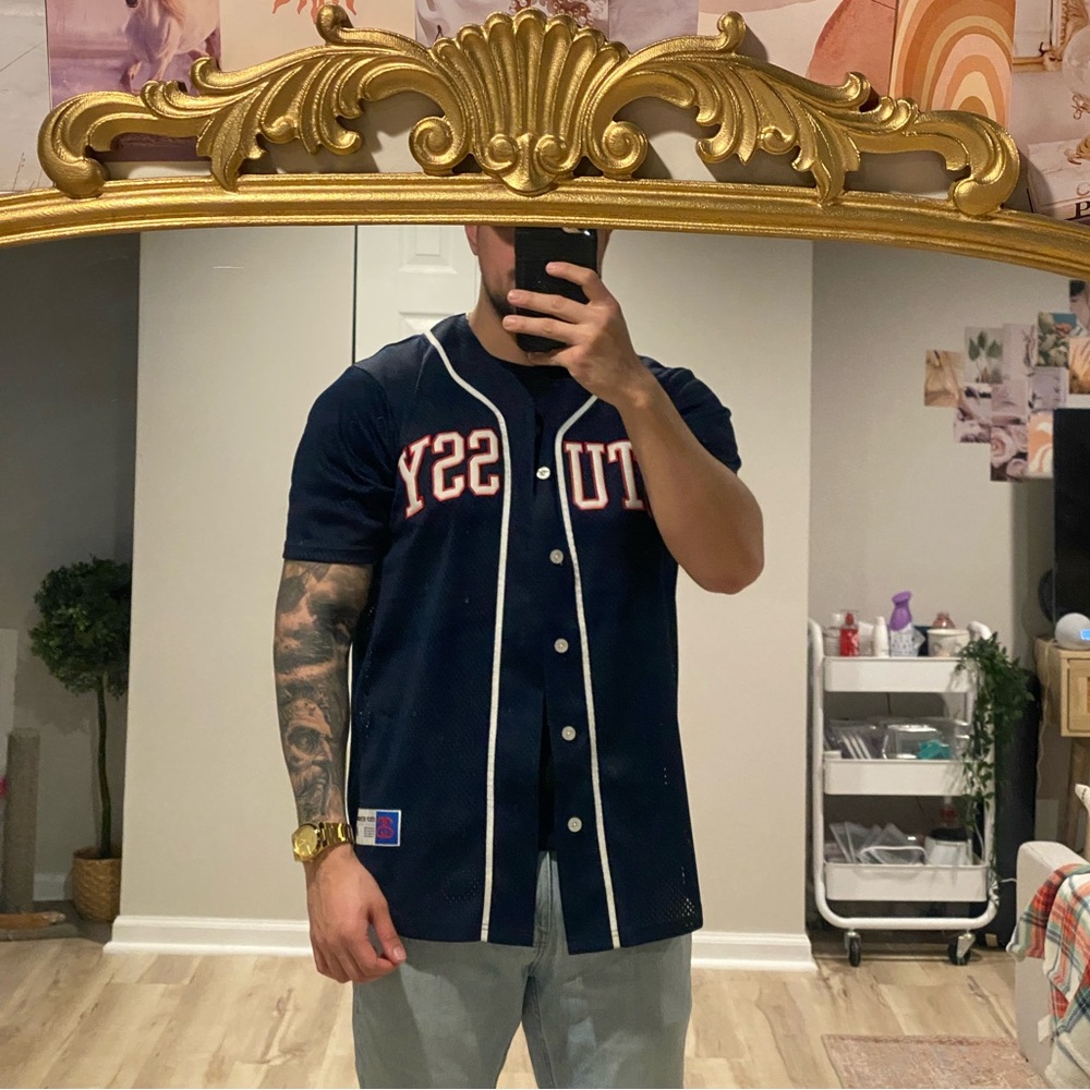 Stussy Navy Mesh Jersey with White Label
